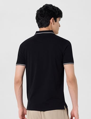 Image of Louis Philippe Men's Slim Fit Single-Tuck Pique Stylized Sleeve Print and Contrast Tipping Half Sleeve Solid Polo Tshirt