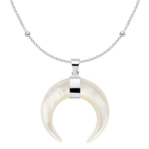 Iyé Biyé Jewels - Collar Colgante Mujer Plata de Ley 925 Cuerno Nácar 30 X 30 Mm. Cadena Bolas 40 cm
