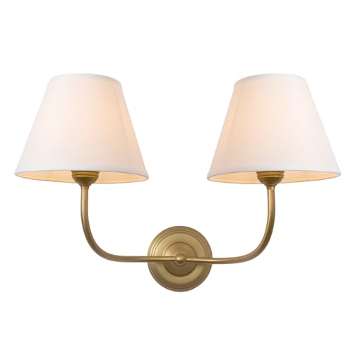 Image of Vintage 2-Lights Fabric Sconces Wall Lighting with White Cloth Shade, Double Arm Wall Lamp Fixture for Living Room Bathroom Bedroom Hallway