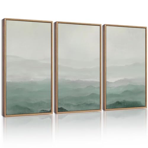 KUVIOKE Green Watercolor Mountains in Fog Framed Wall Art Wilderness Nature Landscape Artwork Painting Boho Rustic Scenic Relax Cool Home Decor 16x24in (Natural Framed)