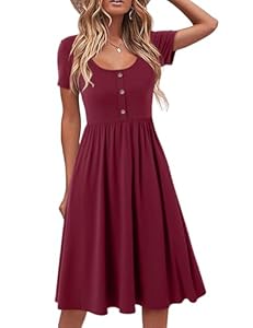 Beluring Midikleid Damen Elegant Kurzarm Kleider Rundhals Sommerkleid Tunika Kleid mit Taschen Weinrot M