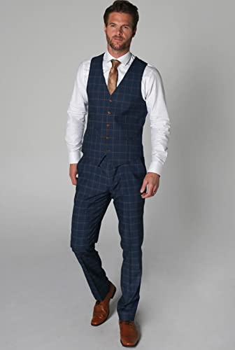 Mens Boys Windowpane Check Tailored Fit Navy Blue Suit Pageboy Formal Business Wedding 3 Piece Set2