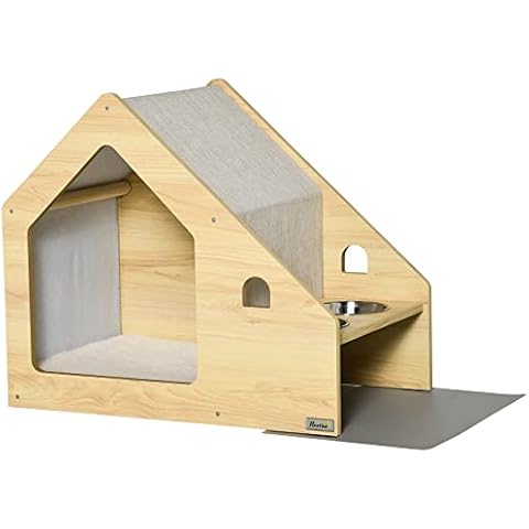 PawHut Caseta para Perros de Madera con Comedero y Cojín Suave Desenfundable Cover