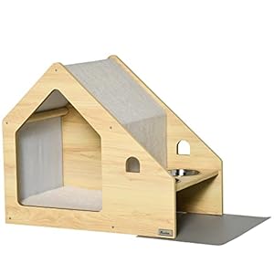 PawHut Caseta para Perros de Madera Cama de Interior para Cachorros con Comedero 2 Cuencos de Acero Inoxidable y Cojín Suave Desenfundable 62x40x54 cm Roble y Gris
