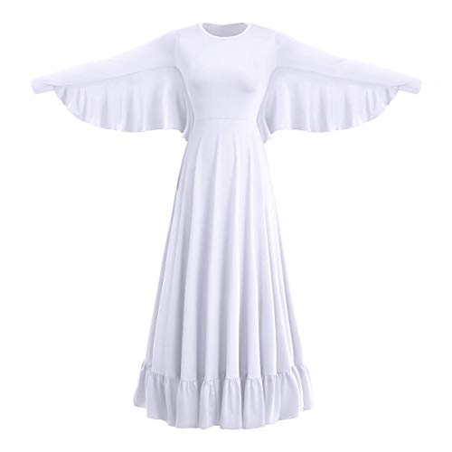 Womens Angel Isis Wing Worship Liturgical Praise Dance Dress Bell Sleeve Wide Swing Loose Fit Full Length Ruffle Tunic Dancewear Ballet Gown White 3XL
