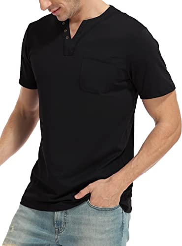 Herren Henley Tshirt Kurzarm V-Ausschnitt mit Tasche Regular Fit Casual Sommer T Shirts für Männer, Black, XL Cover