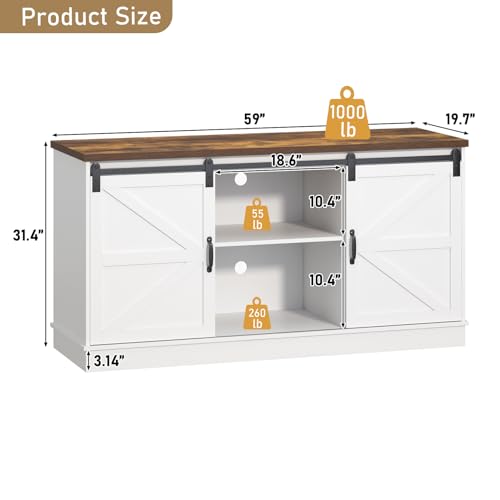 Image of Hlivelood Farmhouse 75-120 Gallon Fish Tank Stand with Power Outlet, Aquarium Stand w /Cabinet&Sliding Barn Door, Heavy Duty Reptile Tank Stand for Fish /Turtle /Reptile Terrarium, 1000LB Capacity, White