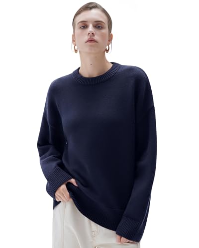 SUUKSESS Women Cashmere Oversized Sweaters Long Sleeve Pullover Tops Fall Outfits Crew Neck Jumpers (Navy Blue,S)
