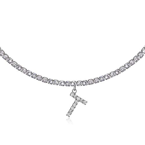 Collar con inicial de plata chapado en oro blanco de 14 quilates, cadena de diamantes personalizada, colgante con letra del alfabeto y circonita cúbica para mujer plateado