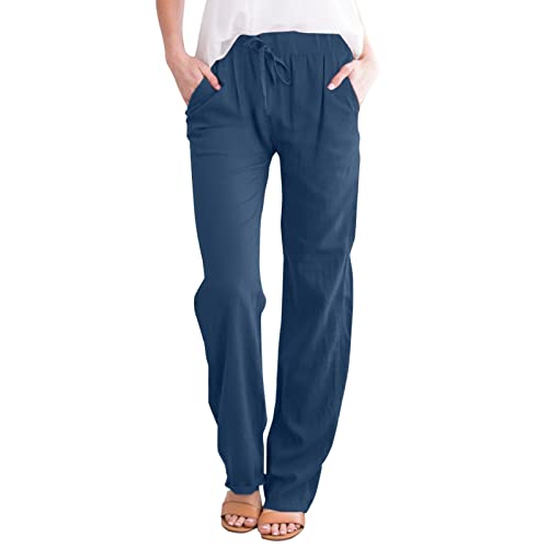 Womens Linen Pants 2025 Summer High Waisted Drawstring Lounge Tro...