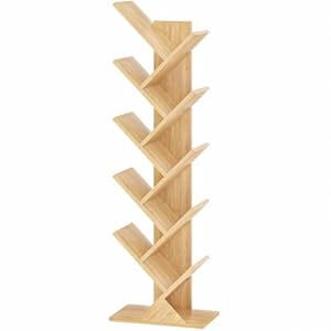10 Tier Tree Book Shelf, Floor Standing Wood Bookshelf for Narrow Space, Storage Organizer Bookshelves for Books/CDs/Magazine, Bookcase with Shelves for Home Office, Living Room – Natural