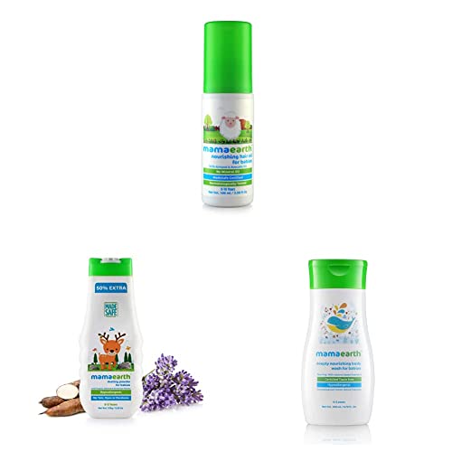 Image of Mamaearth Nourishing Hair Oil for Babies 100ml (0-10 Years) & dusting Powder with Organic Oatmeal & Arrowroot Powder 150g & Deeply Nourishing wash for Babies (200 ml, 0-5 Yrs) Combo