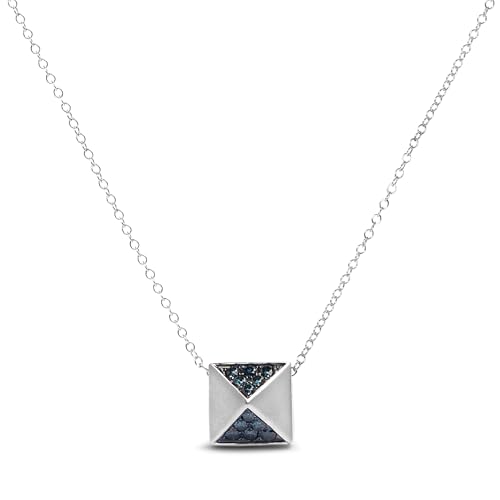 14K White Gold 1/4 Cttw Treated Blue Diamond Matte Finished Pyramid Pendant Necklace (Blue Color, SI1-SI2 Clarity) - 18" Inches