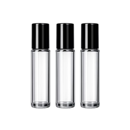 Image of PHARCOS Classic Transparent Glass Roll On Bottles with Black Cap for Essential Oils, Perfumes, Lip Balms, Aromatherapy | Refillable Reusable & Eco- Freindly Leakproof Bottle - 10ml (Pack of 3)