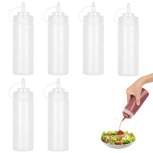 Squeeze - Bottiglia di salsa, 6 pezzi, 360 ml, in plastica, 12 oz con cappucci, senza BPA, senza perdite, per pittura, cottura, ketchup, salsa piccante, olio d'oliva, bottiglia per spezie
