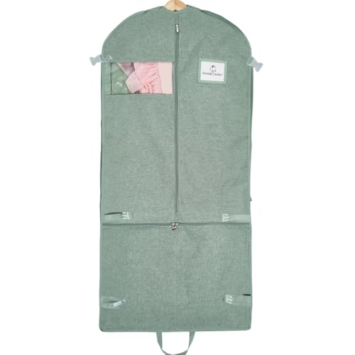 Waterproof Hanging Garment Bag 52 inch Deluxe Clothes Bag with Gusset, 4 Pockets & Side Zip for Dance Costumes, Sports, Skating, Theatre, Beauty Pageants & More by Kendall Country (Moss)