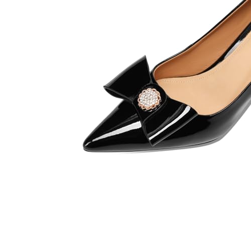 TinaCus Patent Leather Women's Pointed Toe Cute Bowknot Stiletto Mid Heels Handmade Stylish Pumps Shoes3
