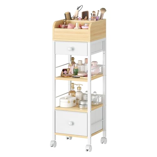 HOOBRO Makeup Organizer Cart with Fabric Drawers Mobile Makeup Storage with Swivel Casters and Leveling Feet Cosmetics Display Holder for Bathroom and Bedroom Vanity White and Natural WN20TC04