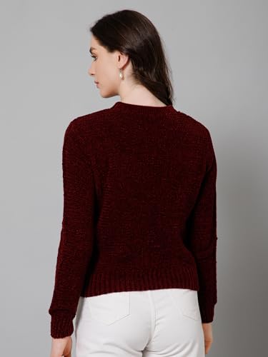 Image of Cantabil Self Design Maroon Round Neck Full Sleeves Regular Fit Women Casual Sweater | Casual Winter Sweater for Women | Ladies Sweater for Winter Wear (P LSWT00071 Maroon)