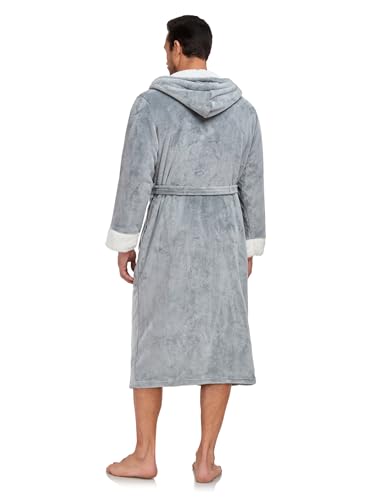 RONGTAI Mens Hooded Fleece Bathrobe Soft Plush Long Robe for Men with Belt & 2 Pockets3