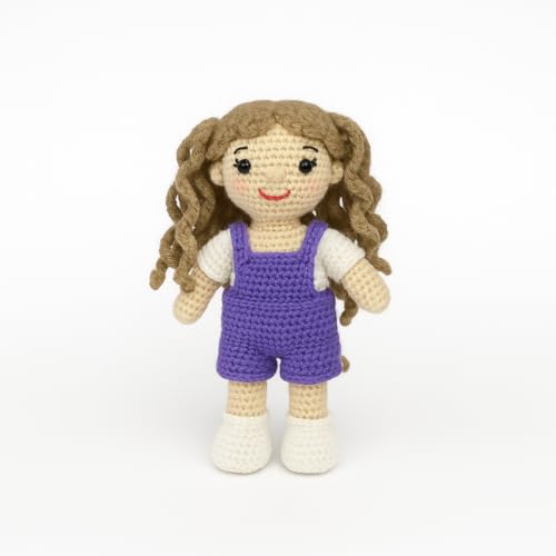 Image of Sutra Handmade Crochet Doll in Purple Overalls & White Top | Wool Amigurumi Soft Toy | Handmade Gift for Kids, Nursery & Home Decor
