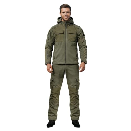 Generisch Juego de chaqueta para exterior para hombre, chaqueta con capucha, chaqueta de trekking y pantalones de trabajo, traje deportivo de dos piezas, traje táctico de invierno, cálido, forro polar