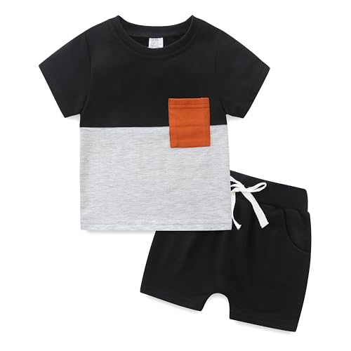 Summer Baby Sweatshirt Set Boys Summer Outfits Short Sleeve T Shirt and Solid Shorts 3-6 Months Black with Light Grey