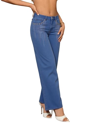 Women's High Waisted Wide Leg Jeans Y2K Boyfriend Baggy Rhinestone Denim Pants overlength Trouser2