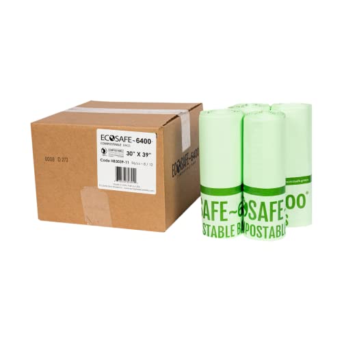 Image of EcoSafe-6400 HB3039-11 Certified Compostable Bag - 30x39 inch Green Bags for 30 Gallon Bin - Extra Strong Leak, Puncture and Tear Resistant Food Scraps Bin Liners, Pack of 96