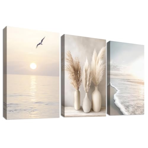 3Pcs Cadre en Bois Impression sur Toile Plage Côtière Vague de Mer Tableau Image sur Toile...