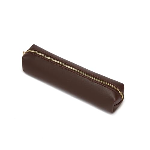 Image of Faux Leather Color Pencil Case Multifuncional and Simple with Zipper for School (Dark Brown)