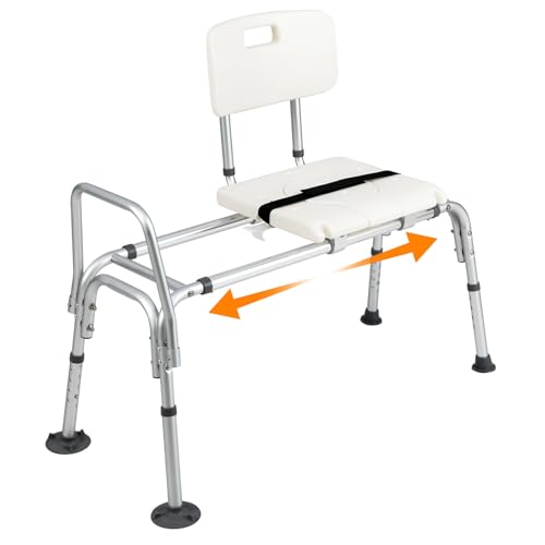 RELAX4LIFE Banc de Transfert Baignoire Coulissant, Chaise de Douche avec Découpe Hygiénique, Hauteur Réglable, Ceinture de Sécurité, Pieds Antidérapants, Tabouret de Douche Adulte pour Âgés/Handicapés