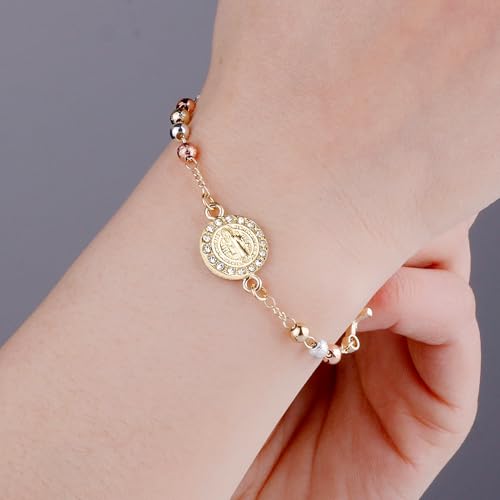 Women Link Bracelets Gold Plated Crucifix Rosary Bead Rose Chain Bracelet3