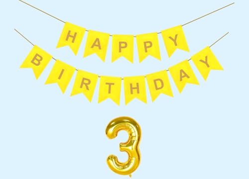 Image of Mystic Toy Store 3rd Happy Birthday Decoration Kit Yellow for 3 year Old Boys Girls Baby with Number Three Party Decorations Decor Celebration Items Item Set Combo Reusable Paper Banner