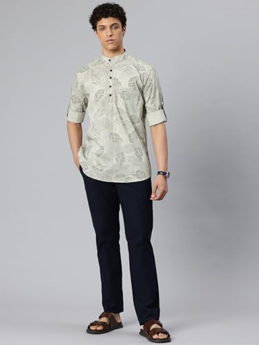Image of Majestic Man Men's Pure Cotton Printed Mandarin Collar Regular Fit Roll-Up Sleeves Short Kurta
