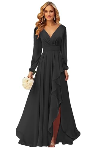 PYEFA Long Sleeves Bridesmaid Dresses for Wedding Women with Slit Ruffle V Neck Chiffon Long Formal Dress