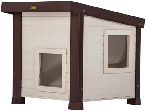 New Age Pet ECOFLEX Outdoor Cat House - Durable, Ventilated, Dual Entry, Easy Assembly, Elevated Floor, Heated Pad Compatible, 10-Year Warranty, for Multiple Cats, Maple/Brown