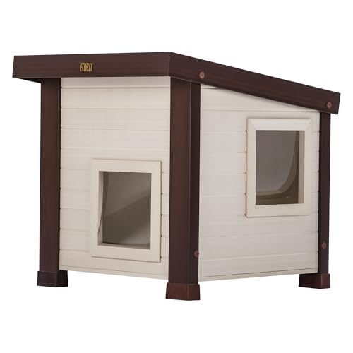 New Age Pet ECOFLEX Albany Outdoor Cat House - Weatherproof, Insulated, Elevated Floor, Dual Escape Doors, Easy Assembly, Moisture & Odor Resistant, 10-Year Warranty, Maple/Brown by New Age Pet - Used condition - US$66.32