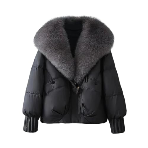 Chaquetas de algodón con cuello de pelo grande para mujer, abrigo corto de invierno grueso y cálido, Negro, XL