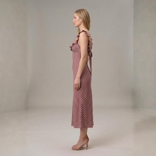 Image of Women's Merlot Gingham Midi Dress, Sleeveless Ruffle Strap, Tie-Back, Plaid Cottagecore Open Back Sundress for Brunch & Vacations