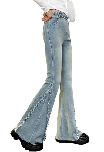Girls Solid Colored Flare Bell Bottom Jeans Kids High Waist Cute Frayed Hem Flared Denim Pants4