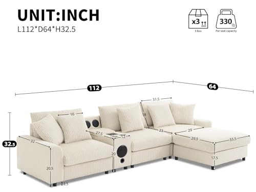 Image of Merax 4 Seater Corduroy Sectional Modular Couch Sofa w /Bluetooth Speakers, L Shaped Deep Seat Cloud Comfy Couches Sofa w /Console, USB Charger, Cup Holders, Storage, Ottoman Chaise for Living Room