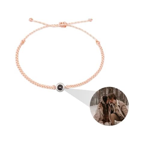 Custom Photo Bracelets for Women/Men Personalised Photo Projection Bracelet Adjustable Rope Bracelets with Circle Charm 100 Languages ​​I Love You Bracelet for Couple Best Friend Cover