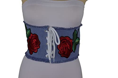 Women Fashion Wide Waistband Light Blue Denim Fabric Corset Belt High Waist Red Rose Flower M/L2