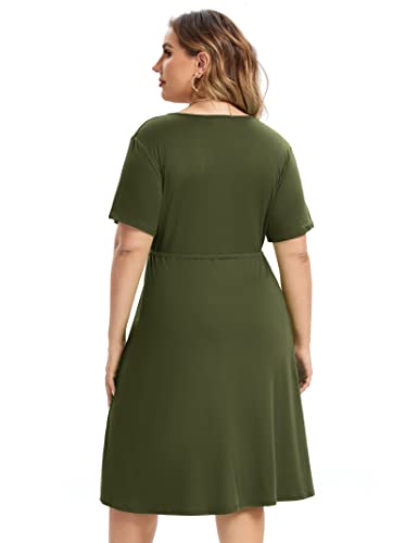 Image of Plus Size Dress Women's V Neck A-Line Knee Length Wrap Mini Dress with Belt Plus Size Dresses for Curvy Womenolive-cs 5X-Large
