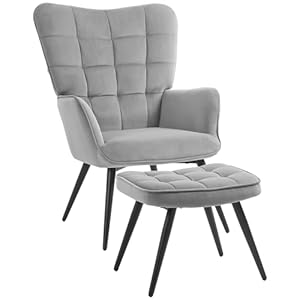 HOMCOM Ohrensessel mit Hocker, Loungesessel, Relaxsessel, Polstersessel mit Samtoptik, Fernsehsessel, Esszimmerstuhl bis 120 kg, für Wohnzimmer, Hellgrau