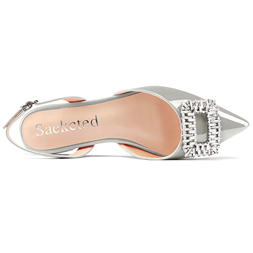 Saekcted Women Chunky Block Low Heel Pointed Toe Sandals Slingback Rhinestone Crystal Party Cute Shoes4
