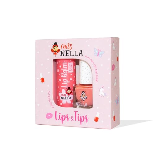 Miss Nella Nail Polis + Lip Balm set- Special Peach Glitter Nail Polish for Kids- PEACH SLUSHIE, with Peel-off, Water Based & Odour Free Formula + BUTTER...
