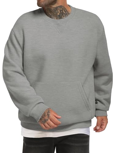 TUREFACE Grey Sweatshirts for Men Long Sleeve Crew Neck Loose Fit Pullover Comfy Autumn Sweat Shirts with Pocket
