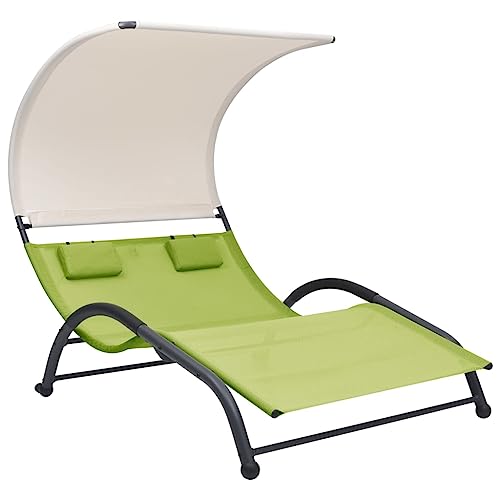 Wynira Tumbona doble con toldo verde, textileno para jardín con estructura de acero, ajustable y plegable para terraza, balcón, piscina, tumbona de relax con dos cojines